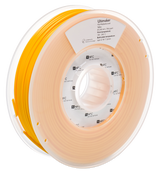 Spool of yellow 3D printing filament with a clear label on a white background
