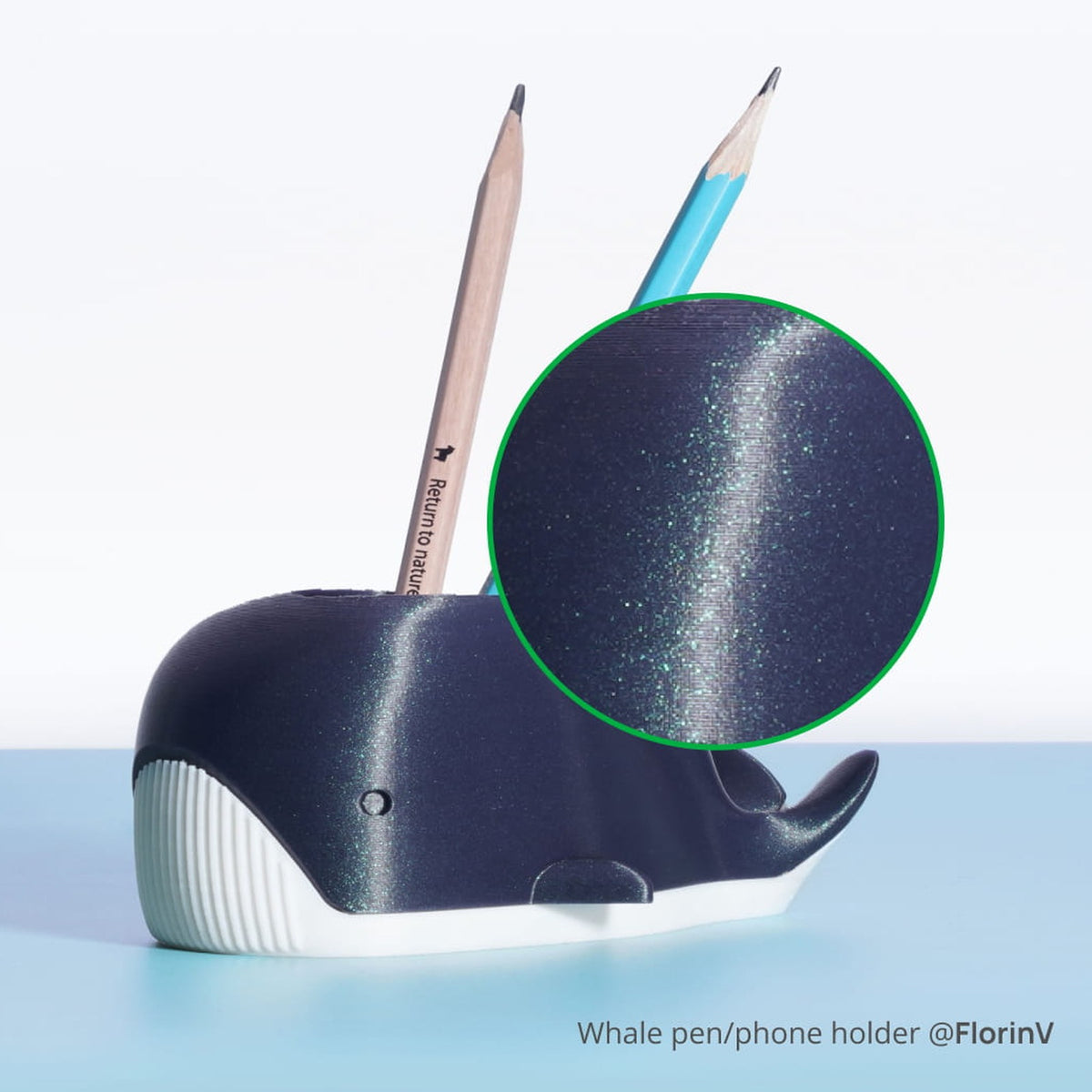Whale pen holder 3D printed in Bambu PLA Galaxy, with a close-up of the shimmer