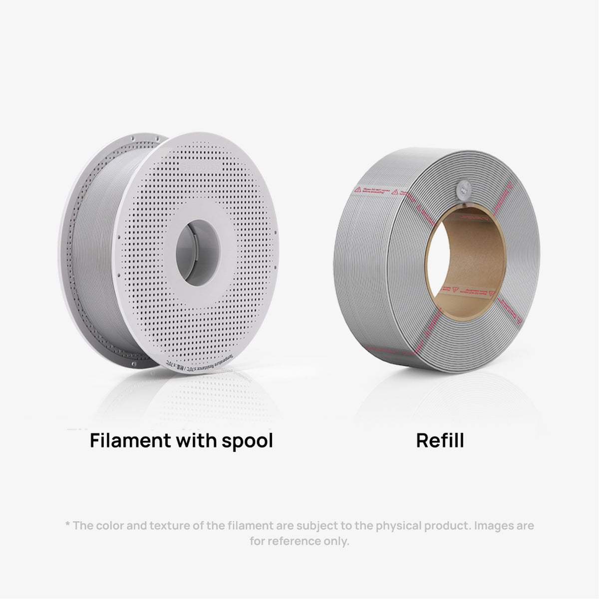 Bambu filament on a reusable spool next to a Bambu refill coil