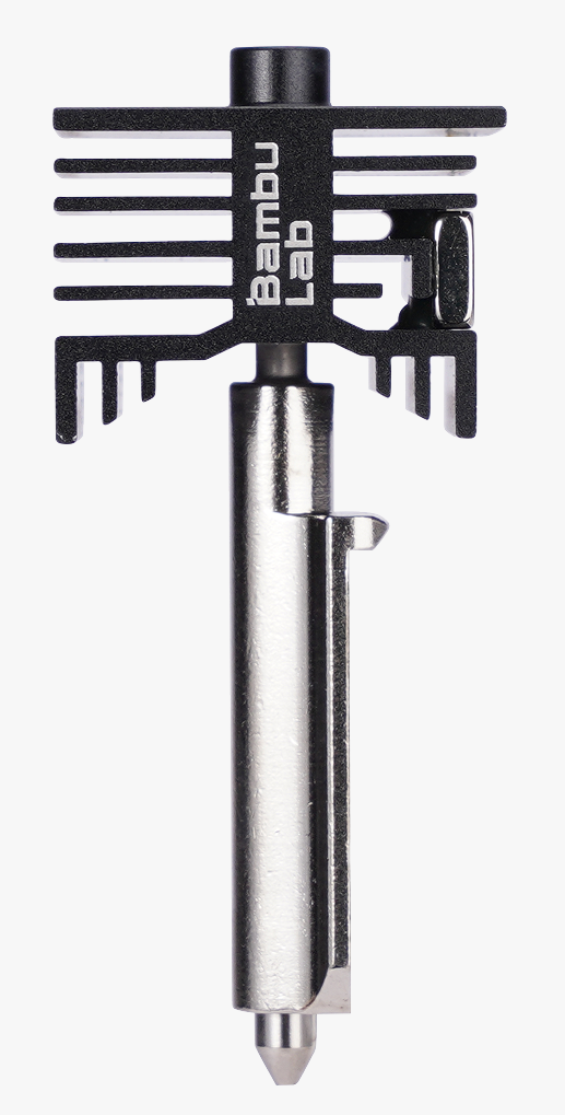 An image of the Bambu Hotend - H2D, featuring a metallic nozzle and support structure, primarily in silver and black colors.