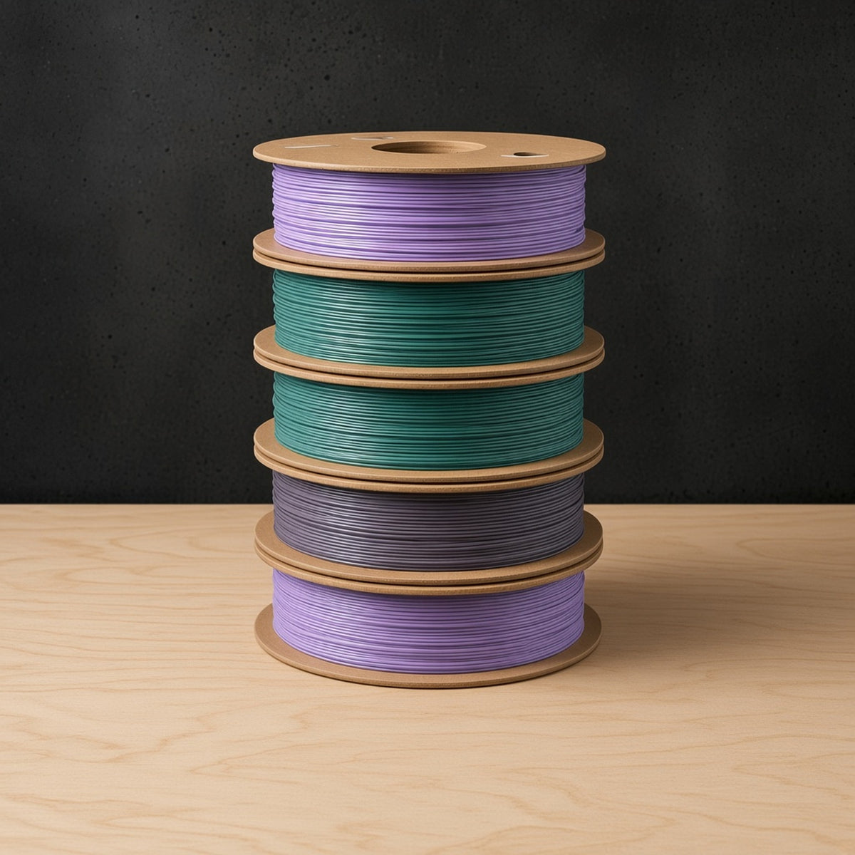 RepRap Warehouse Recycled PLA filament, stack of five spools in lavender, teal and grey-purple on cardboard spools