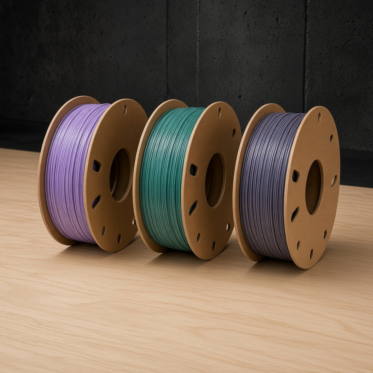 RepRap Warehouse Recycled PLA filament, three colours side by side on cardboard spools