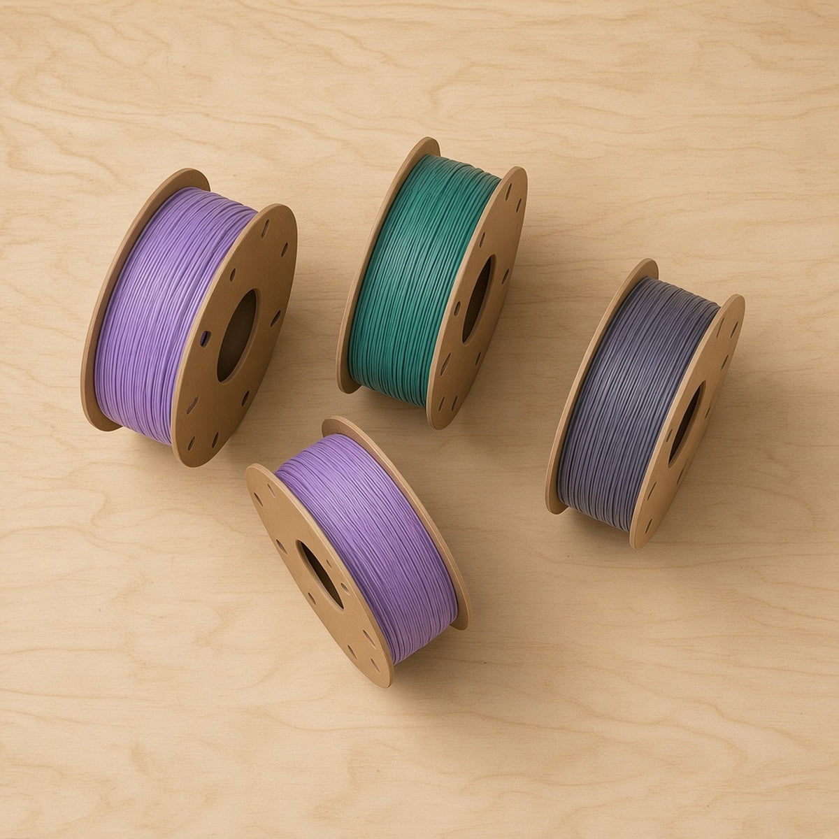 RepRap Warehouse Recycled PLA filament, top-down view of four cardboard spools in mixed colours